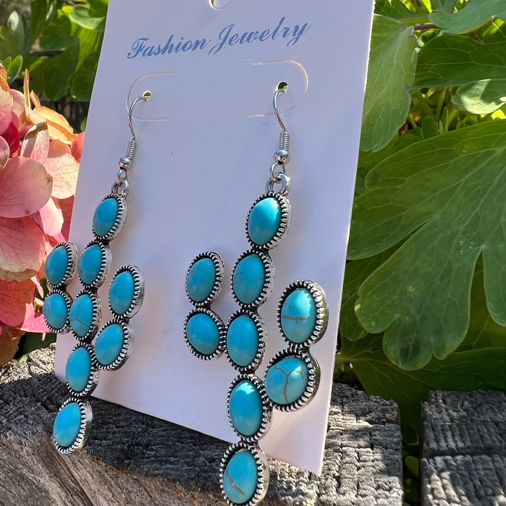 Cactus Western Faux Turquoise Stone Blue Chandelier Silver Earrings Gift New - Picture 3 of 6